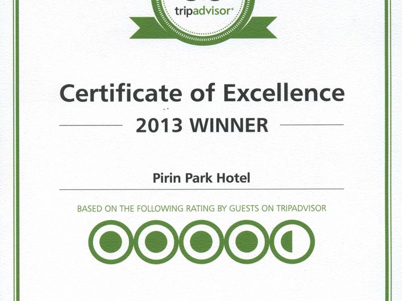 Парк Хотел Пирин получи сертификат от TripAdvisor